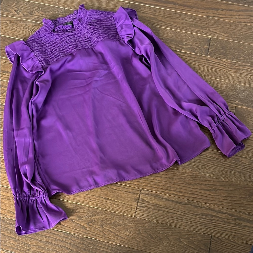 Banana Republic Purple Ruffled Blouse with Bishop Sleeves and Mandarin Collar-